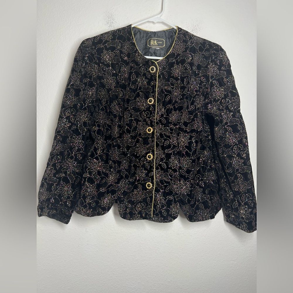 Vintage 80s/90s R&K Evening Jacket Black Gold Sparkle Holiday Misses Sz Large